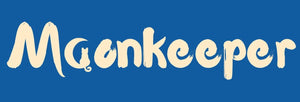 Moonkeeper logo featuring a cat sitting on a crescent moon within the brand name, representing care and companionship for senior pets.